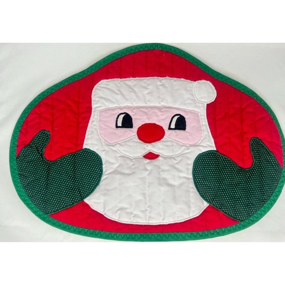 Quilted Christmas Placemats Set Of 4 Santa Face Vintage 80s 90s - Picture 3 of 8